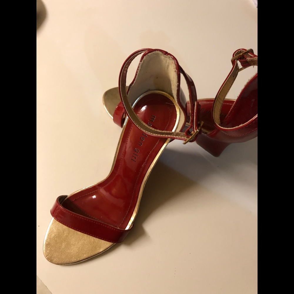 Madden Girl red & gold ankle strap heel